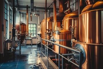 Industrial brewery fittings: A detailed view of brewing equipment with a pressure gauge, used in the fermentation stage of crafting beer, often seen in a brewpub or distillery.. - obrazy, fototapety, plakaty