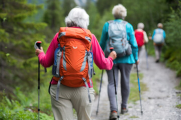 Obraz na płótnie Canvas a senior hikers in nature, nordic walking in the nature, would fit well in a health magazine feature about maintaining vitality through activity..