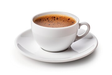 An elegant single cup of coffee with a rich crema, placed on a saucer with scattered coffee beans, suitable for coffee shop menus or caffeine-related marketing..