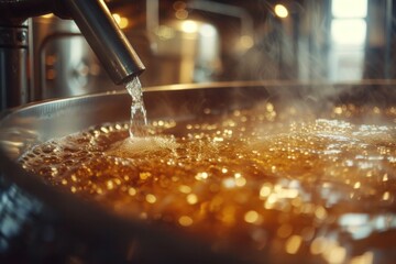 Golden ale pours into a brewing vat with a frothy head, capturing the essence of the craft beer brewing process. This image is suitable for content related to the beer industry or microbrewery - obrazy, fototapety, plakaty