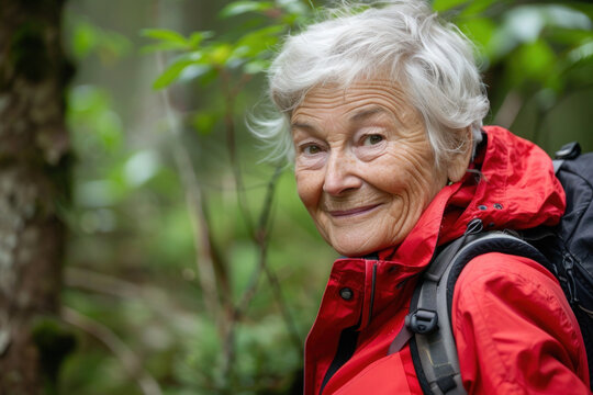 The image of a cheerful elderly lady on a hike can illustrate an online article about the joy and health benefits of an active lifestyle after retirement..