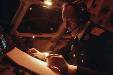 Airline pilot in uniform with notepad writing inside plane wearing epaulettes and headset - obrazy, fototapety, plakaty