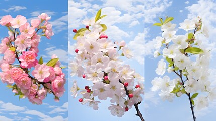 Spring Blossoms Collage Under Blue Sky. A collage of various spring blossoms, including cherry and apple flowers, against a vibrant blue sky with fluffy clouds. See Less

