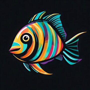A captivating, flat vector logo of a tropical fish, designed with vibrant colors and clean shapes, creating a visually stunning image isolated on a solid black background.
