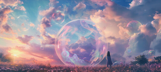 illustration of a girl standing in a sunset fantasy landscape with soap bubbles, dreamlike illustration