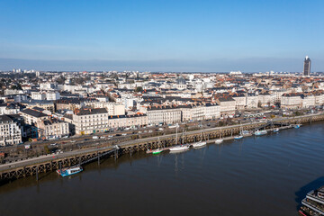Fototapeta premium A photo from a drone of the French city of Nantes on the Loire River.