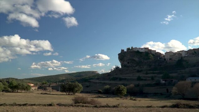 Slow motion, old town on the rock, in Xodos, Comunidad Valenciana, Spain.