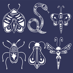 Boho style monochrome silhouettes incsects and snake butterfly and dragonfly