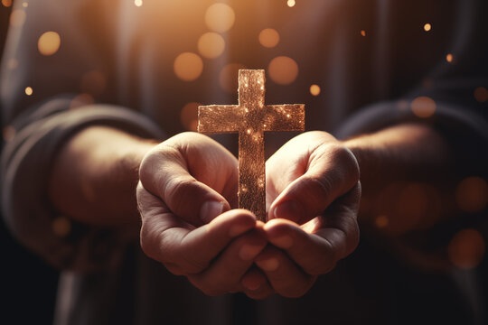 Hands holding a simple small wooden cross with warm light. The light and warm of Easter Holiday. Christian and  religious  image. 