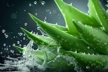 A Mesmerizing Dance of Nature Vibrant Green Aloe Vera Leaves Emerge, Glistening with Freshness Amidst a Symphony of Water Droplets