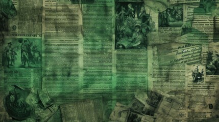 The background is old newspaper clippings in Green color.