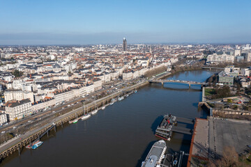 A photo from a drone of the French city of Nantes on the Loire River.