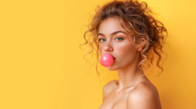 jeune femme avec une bulle de chewing gum dans la bouche sur fond jaune, &eacute;paules nues