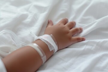 A child s hand in a hospital ward with an IV tube