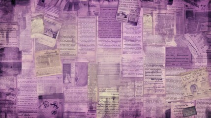 The background is old newspaper clippings in Lilac color