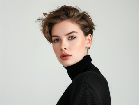 portrait of a young woman with short hair on a light background