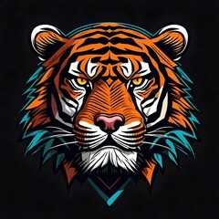An intricately designed, flat vector logo of a ferocious tiger, its stripes painted in bold hues, standing boldly against a solid black backdrop.