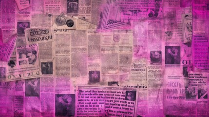 The background is old newspaper clippings in Magenta color