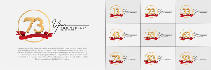 Set of Anniversary Logotype gold color with ring and red ribbon can be use for special day celebration