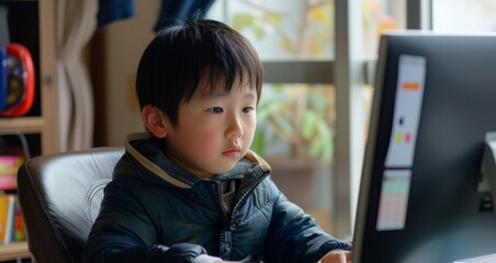 Asian boy using laptop for virtual online class presenting modern homeschooling concept