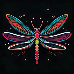 An eyecatching flat vector logo featuring the single face of a colorful, abstract dragonfly on a light red solid background. Isolated on a stylish solid black background.  Upscaling by