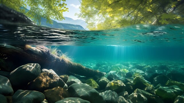 underwater of river natural landscape with stone pebble and water tree leaf flow in water beautiful nature background
