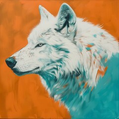 A side view of a white wolf painting on orage colors background . a symbol of guidance, survival, loyalty and spirituality. 