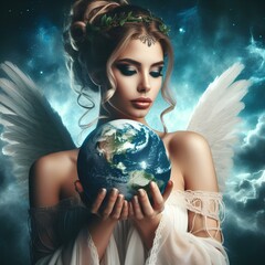 Naklejka premium Earth protection concept with young goddess woman holding planet Earth in her hands.