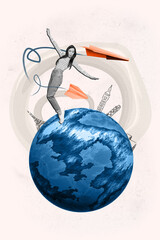 Vertical funny absurd photo collage of giant woman balancing on small planet earth landmarks of...