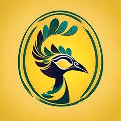 An elegant, minimalistic flat vector logo featuring the face of a sleek and stylized peacock, set against a simple yellow backdrop. Pictureperfect with HD clarity.  Upscaling by