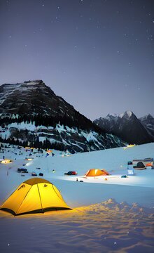 Illuminated Camping Yellow Tent on snow at Night in High Altitude Alpine Landscape.