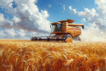 As the sun sets over the vast wheat field, the powerful combine harvester hums along, symbolizing the hard work and dedication of farmers during the bountiful summer harvest