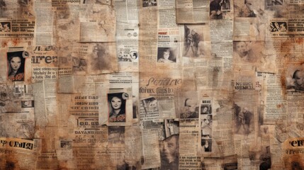 The background is old newspaper clippings in Peach color.