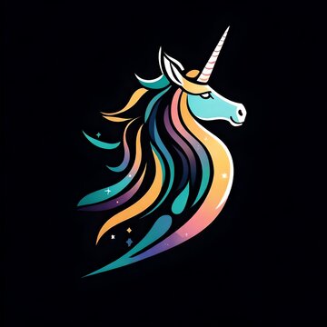 An alluring, flat vector logo of a mystical unicorn, adorned with subtle colors and clean lines, creating a simple yet enchanting image isolated on a solid black background.