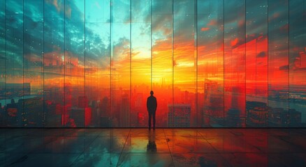 A breathtaking painting captures the vibrant colors of a sunset, reflected in the serene sky and mirrored in the window, as a person stands in awe before the bustling cityscape