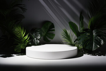 podium and minimal white product display with tropical leaves shadow dark background.