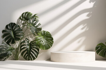 podium and minimal white product display with tropical leaves shadow background.