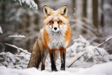 Fototapeta premium A red fox in the snowy wilderness, red fox in the snow, its bright fur contrasting against the white landscape, Ai generated