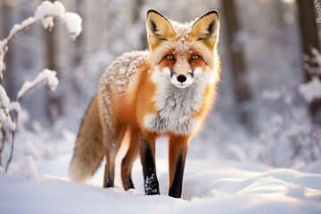 A red fox in the snowy wilderness, red fox in the snow, its bright fur contrasting against the white landscape, Ai generated