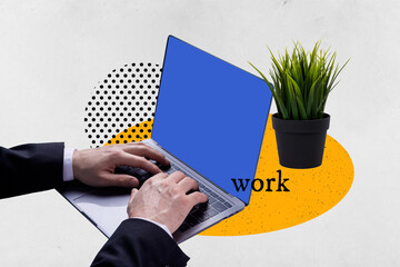 Creative abstract template collage of hands typing laptop worker manager working netbook weird...