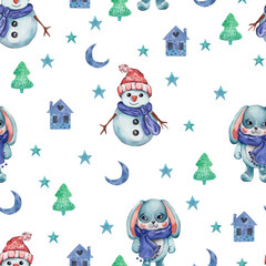 Cute snowman and blue bunny. Watercolor pattern on white background