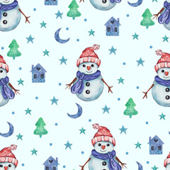 Cute snowman. Watercolor pattern on white background