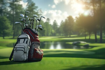 A Serene Morning on the Golf Course An Elegant Display of a Professional Golf Bag Filled with Clubs, Nestled Amidst the Lush Greenery, Under the Gentle Embrace of the Sun’s Warm Rays. - obrazy, fototapety, plakaty
