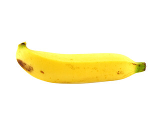 side of single yellow ripe banana with peel spotted isolated on transparent