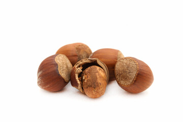 Group of hazelnuts on white isolated background