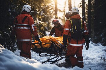 Generative AI photo image of rescuers saving people in mountains dangerous extremely risky winter...
