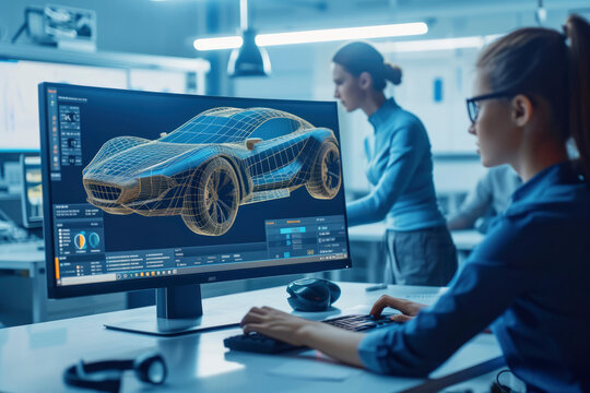 Automotive Designer and Modeler Working as a Team on Creating a Futuristic Car in a Studio