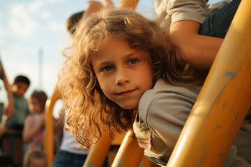 Obraz premium Created with generative AI photo image of happy adorable charming child have fun on playground