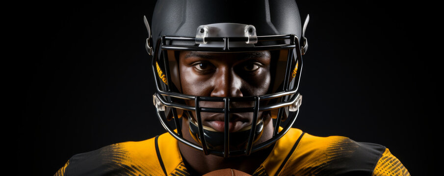 Portrait of male american football player in sports equipment in dark studio