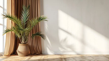 Plant against a white wall mockup. White wall mockup with brown curtain, plant and wood floor. 3D illustration. copy space. generative ai